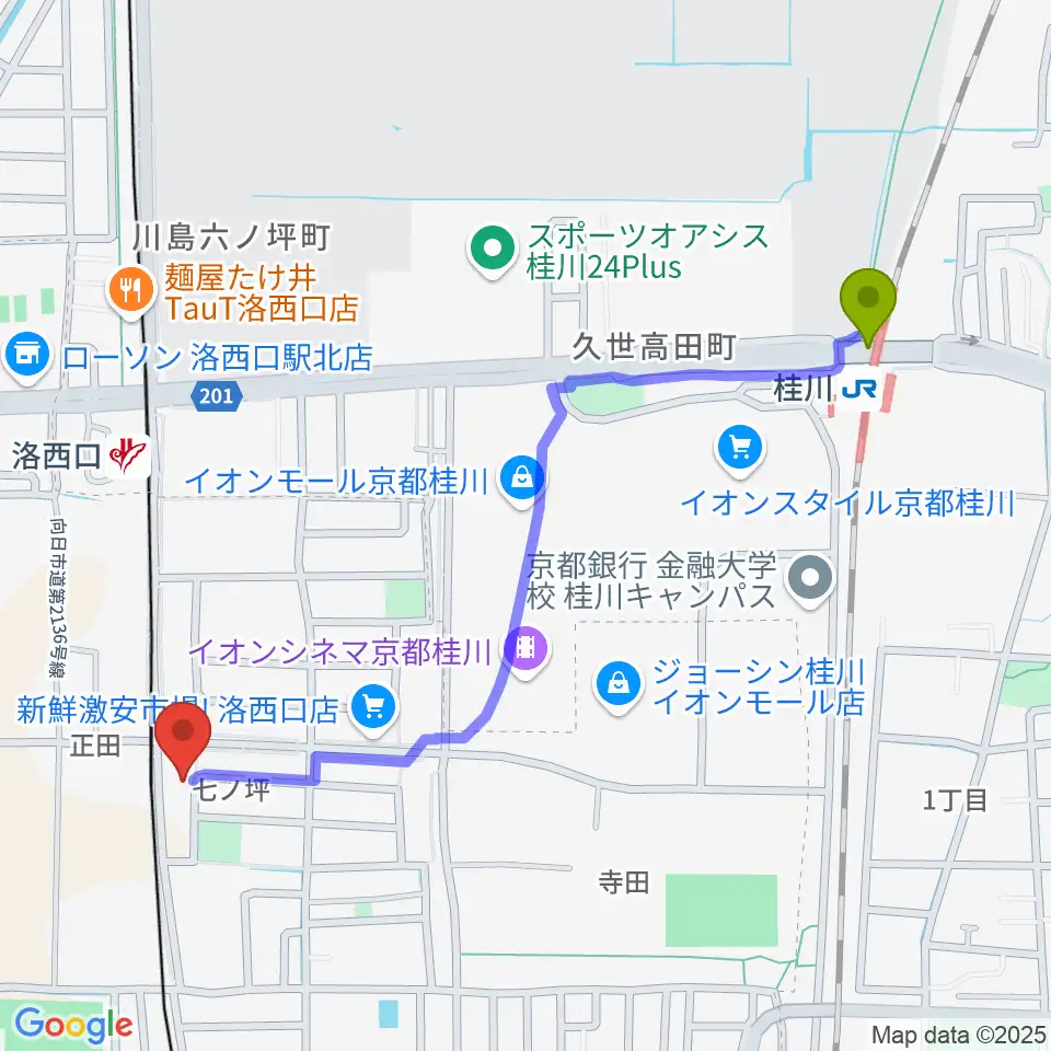 桂川駅から桂川ベアティホールへのルートマップ地図