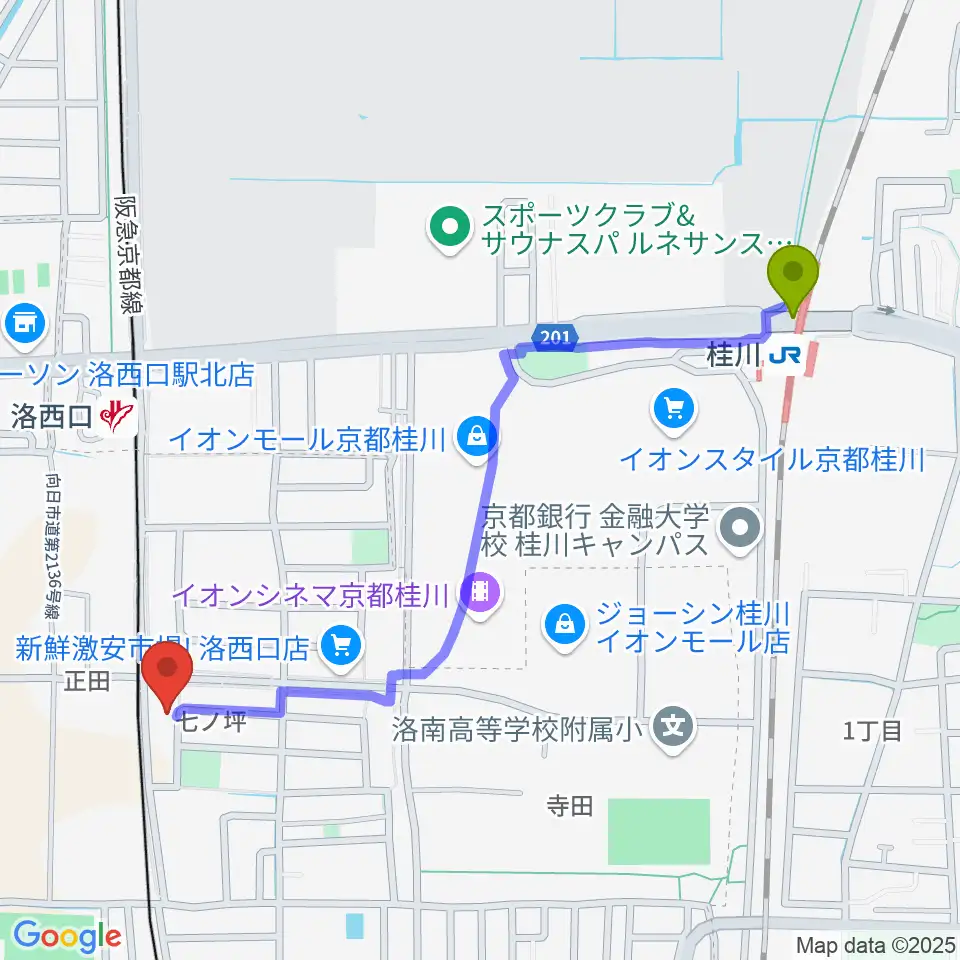 桂川駅から桂川ベアティホールへのルートマップ地図
