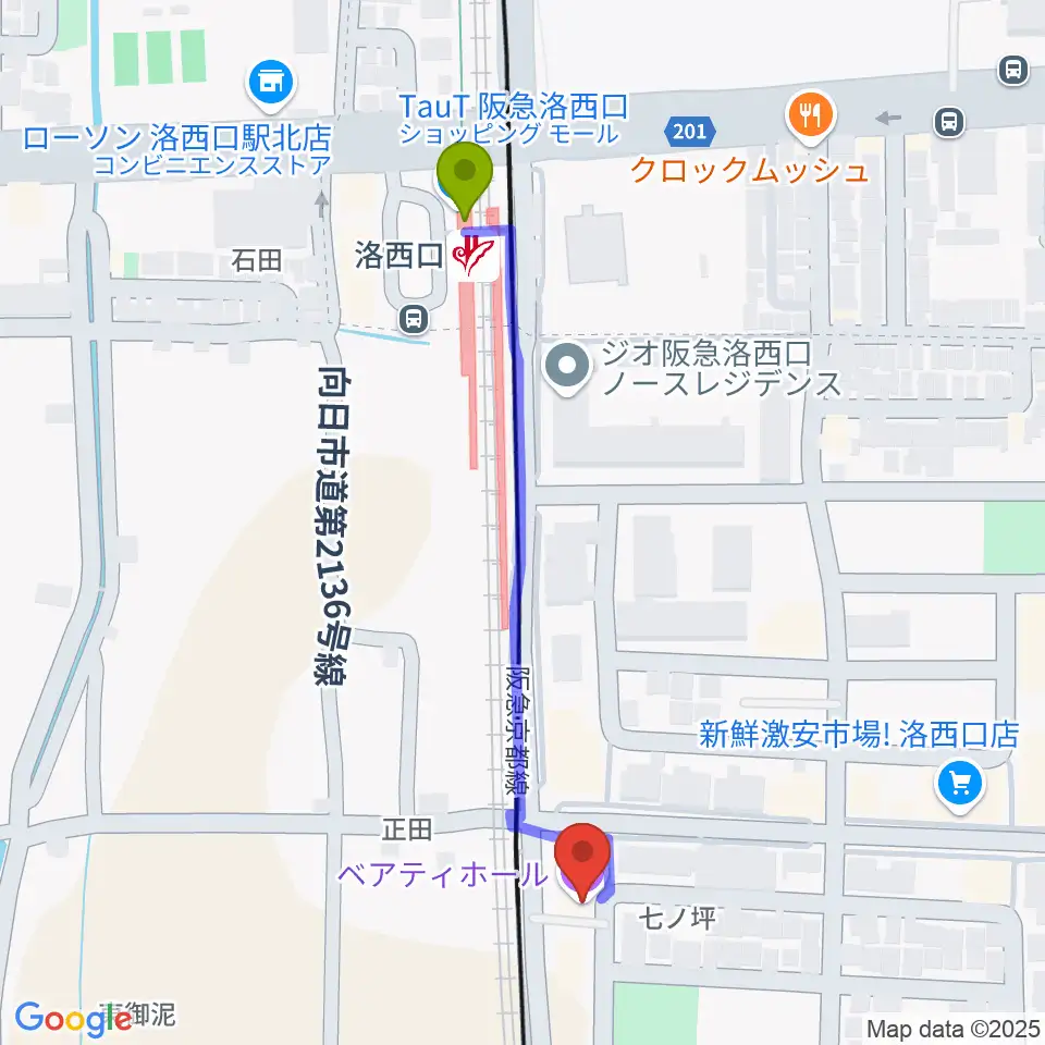 桂川ベアティホールの最寄駅洛西口駅からの徒歩ルート（約5分）地図