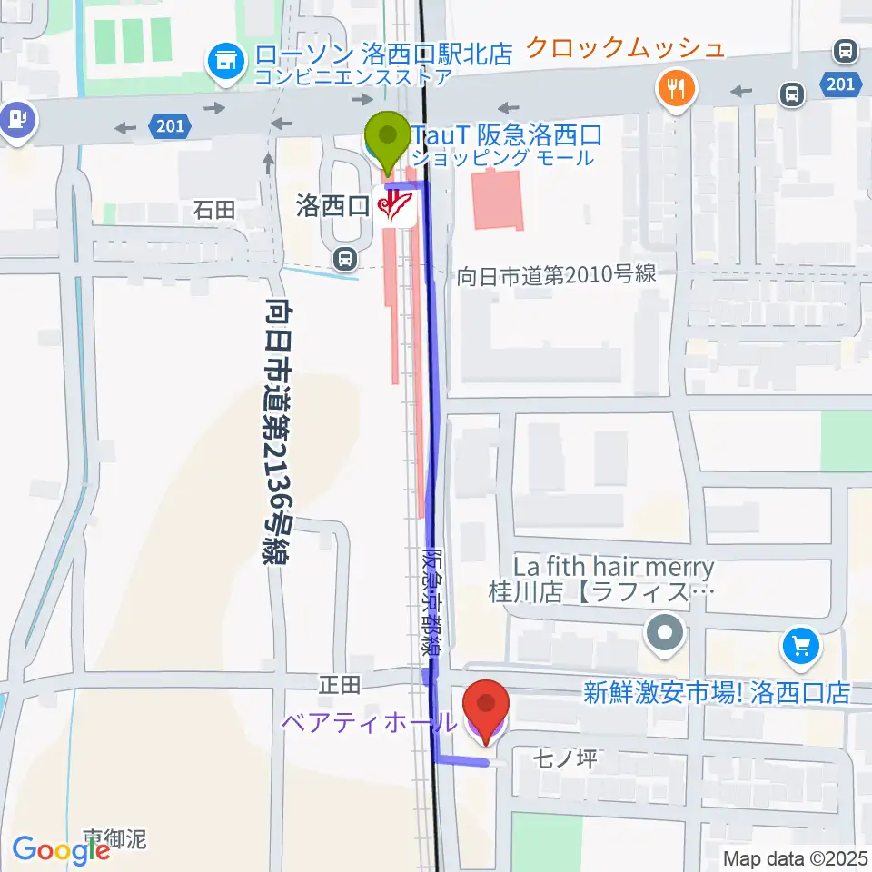 桂川ベアティホールの最寄駅洛西口駅からの徒歩ルート（約5分）地図