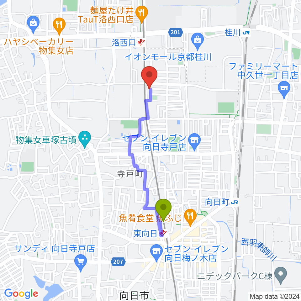 東向日駅から桂川ベアティホールへのルートマップ地図