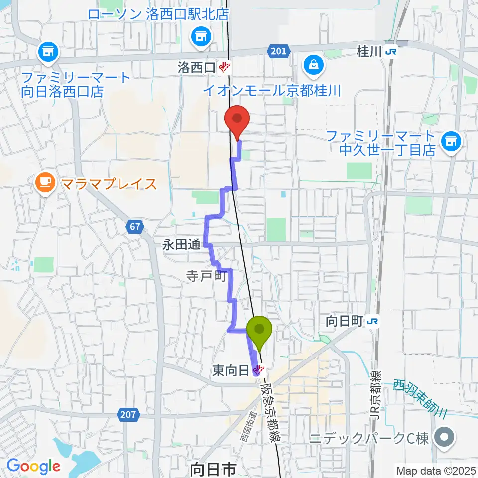 東向日駅から桂川ベアティホールへのルートマップ地図