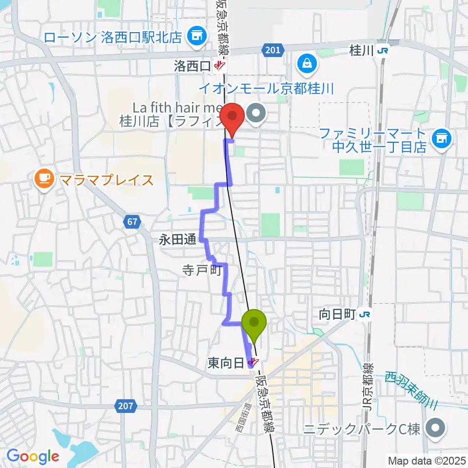 東向日駅から桂川ベアティホールへのルートマップ地図