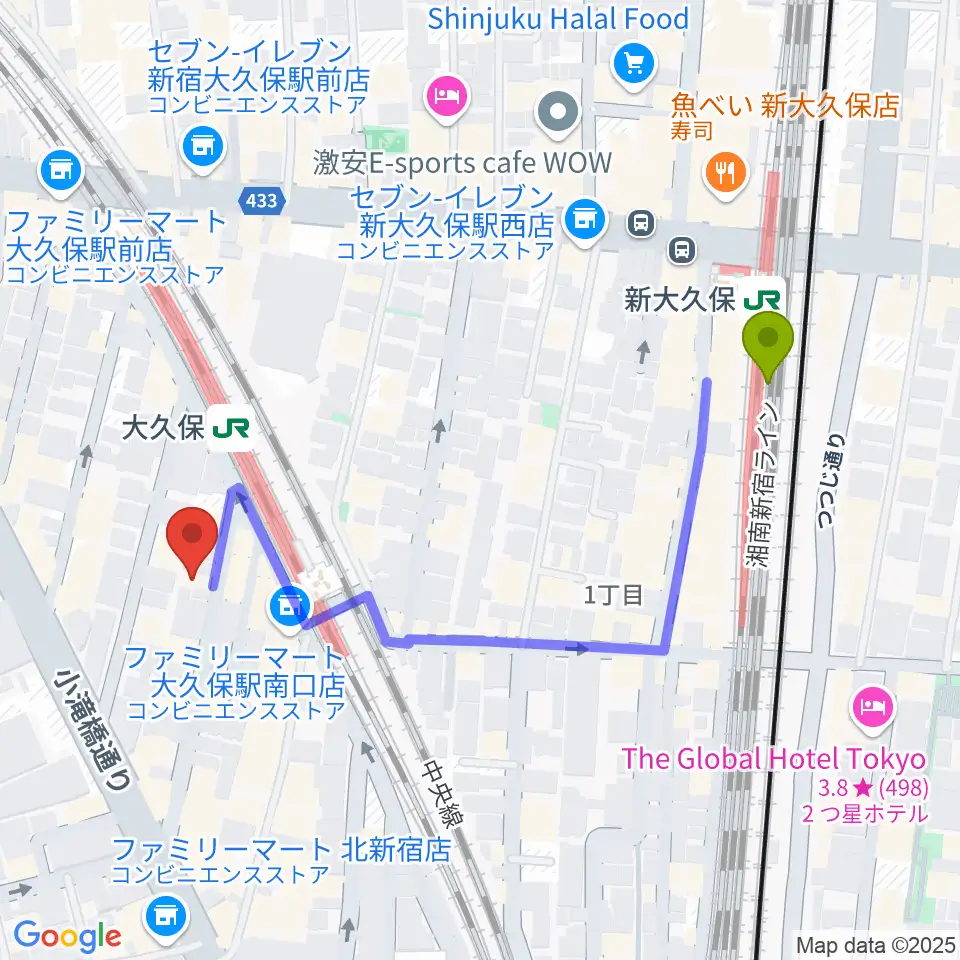 新大久保駅からジェットワンへのルートマップ地図