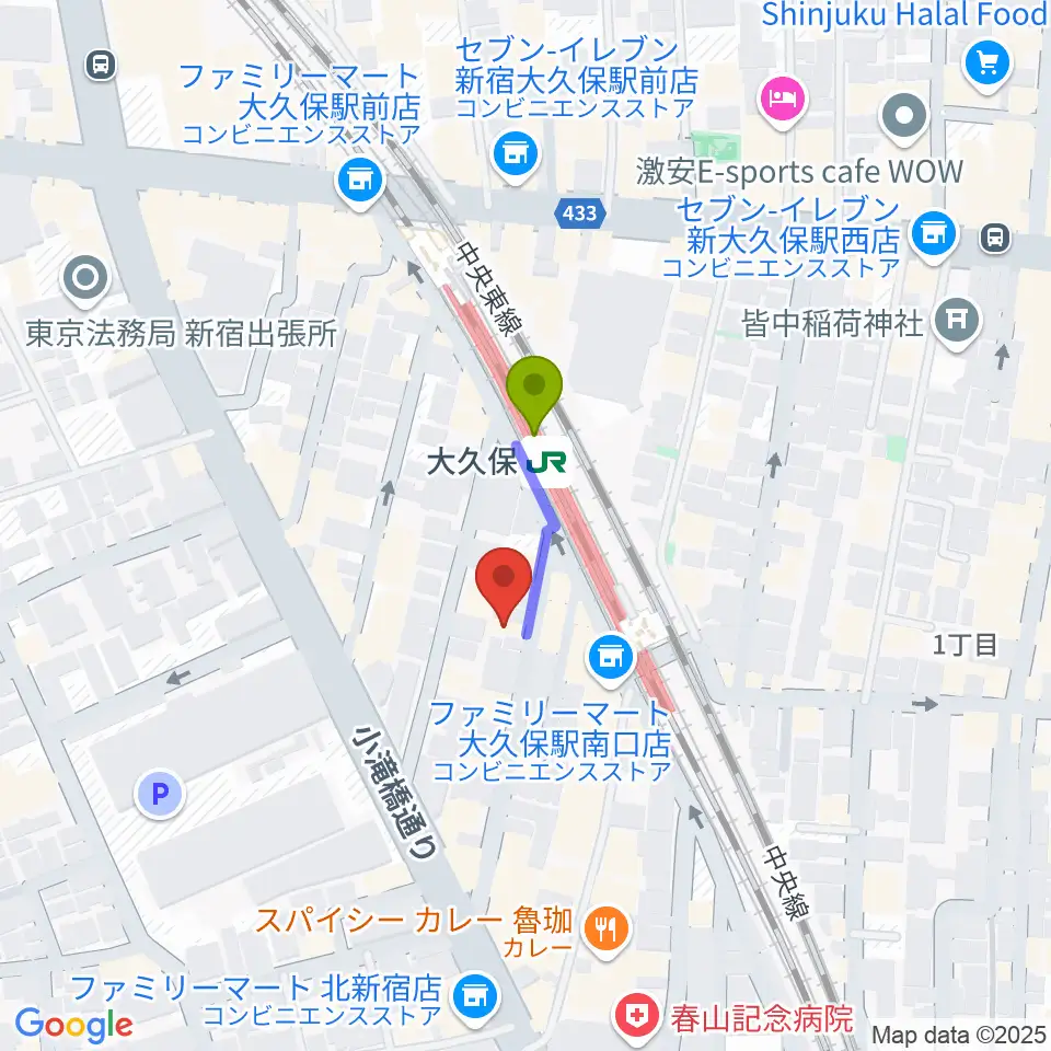 ジェットワンの最寄駅大久保駅からの徒歩ルート（約1分）地図