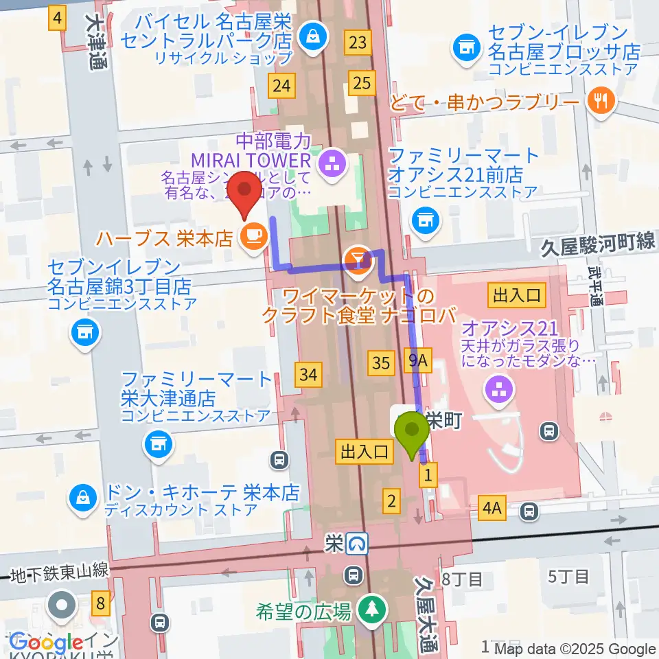 栄町駅から名古屋栄ムジカへのルートマップ地図