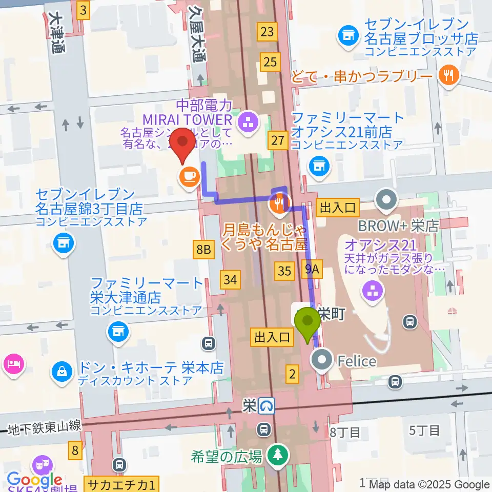 栄町駅から名古屋栄ムジカへのルートマップ地図