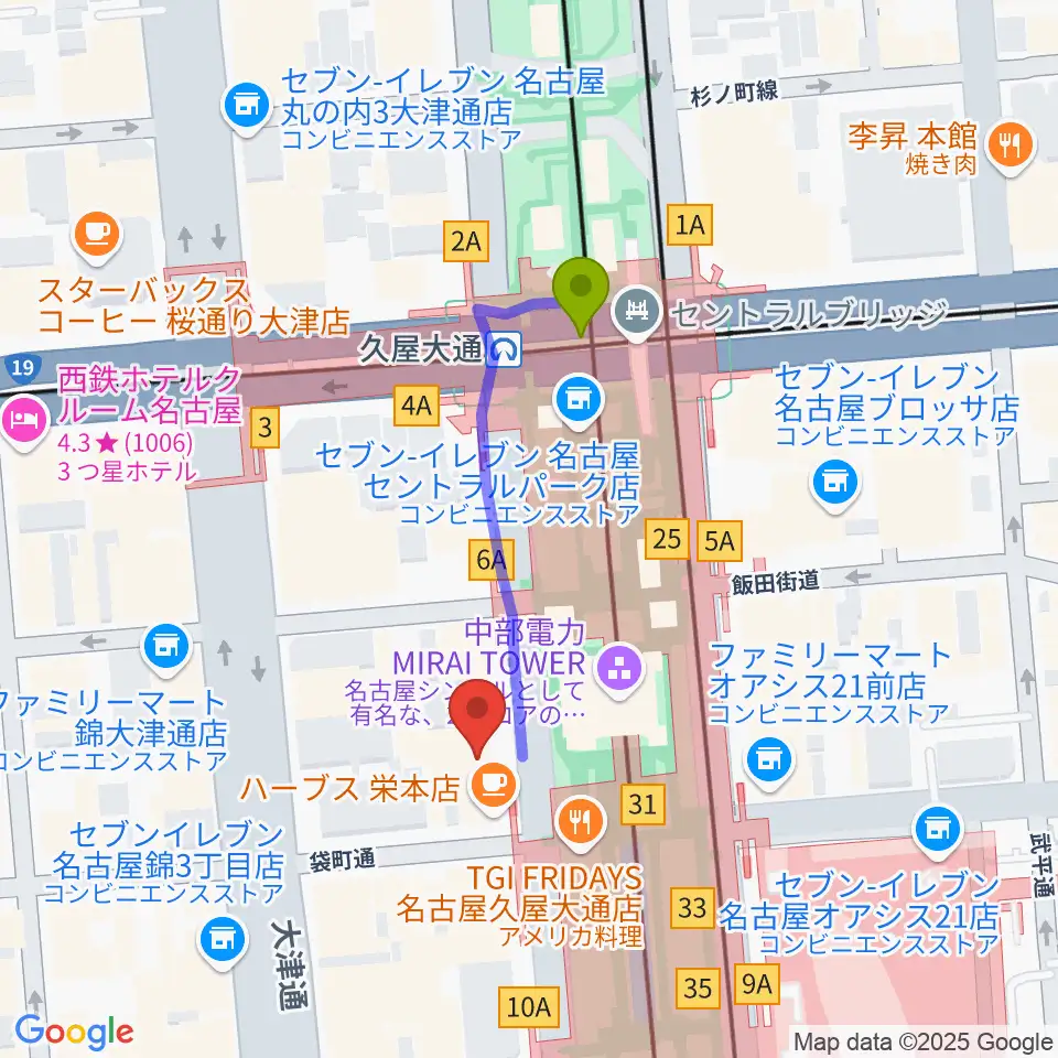 名古屋栄ムジカの最寄駅久屋大通駅からの徒歩ルート（約3分）地図