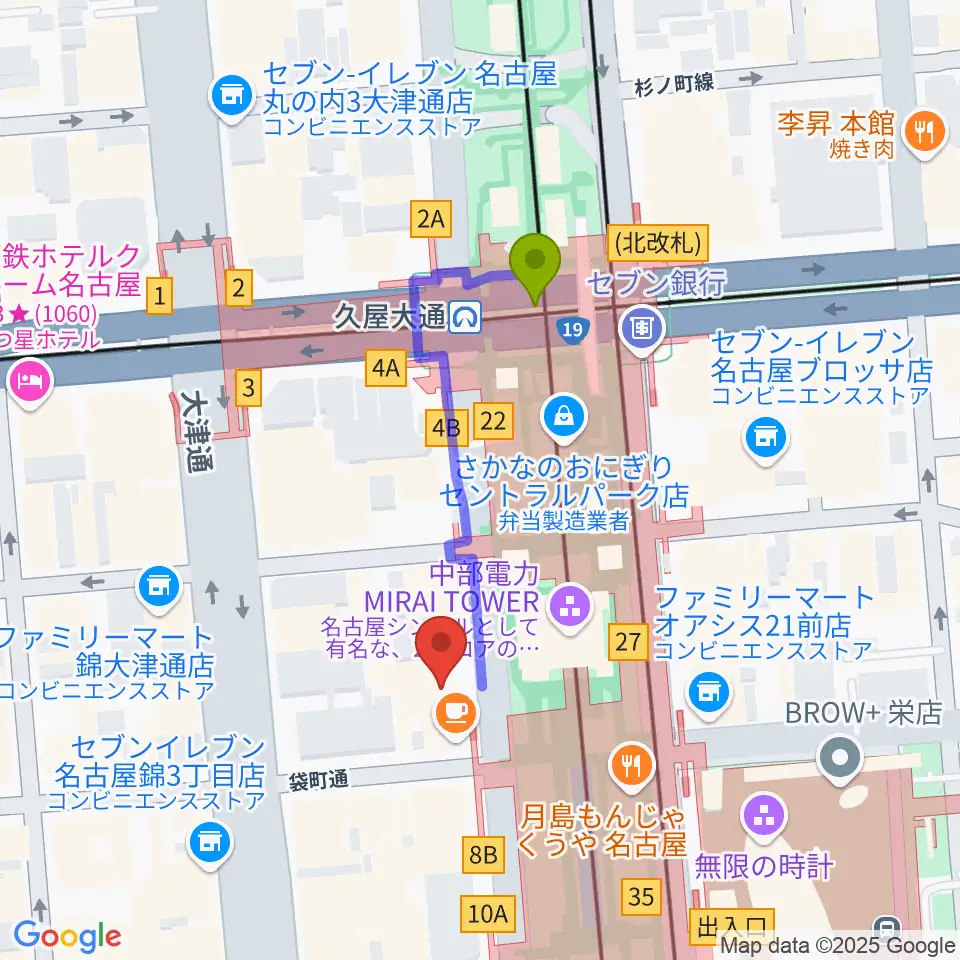 名古屋栄ムジカの最寄駅久屋大通駅からの徒歩ルート（約3分）地図