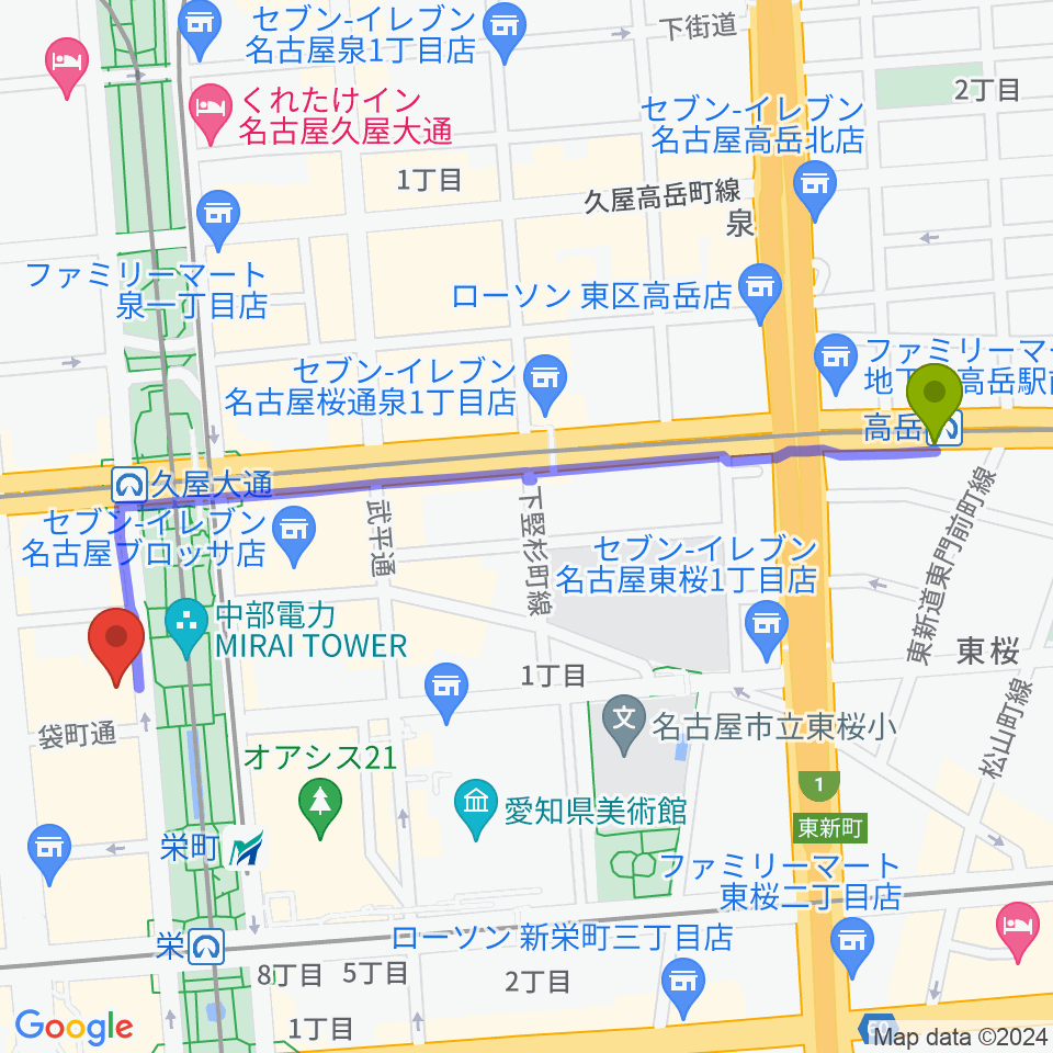 高岳駅から名古屋栄ムジカへのルートマップ地図