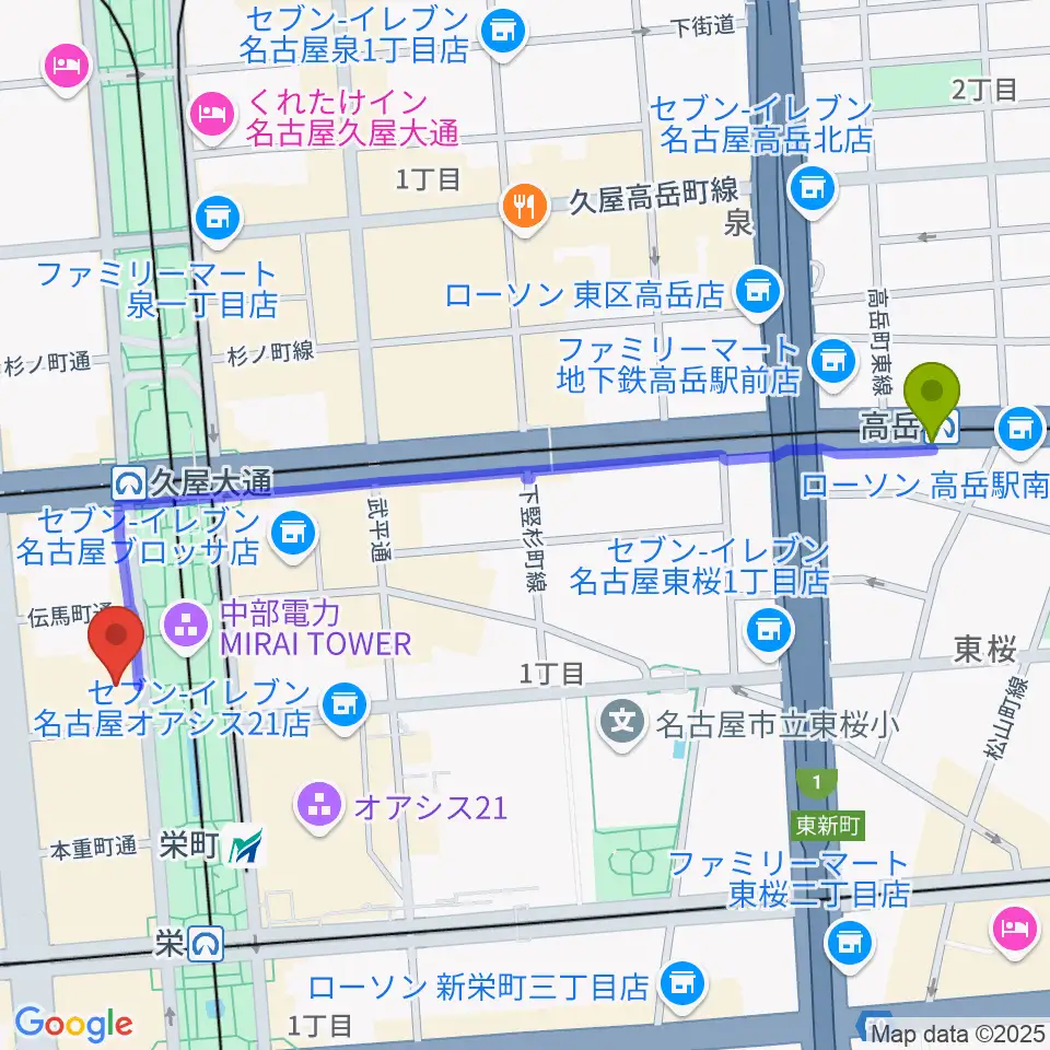 高岳駅から名古屋栄ムジカへのルートマップ地図