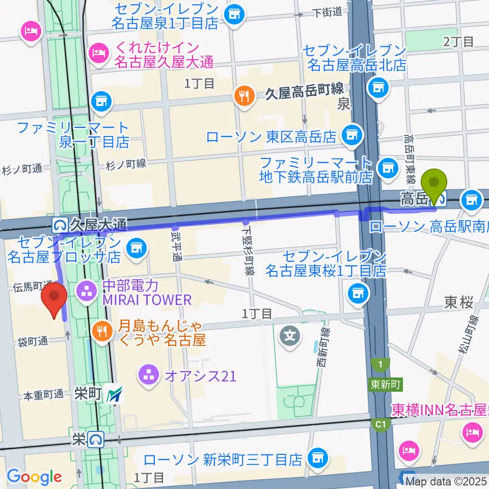 高岳駅から名古屋栄ムジカへのルートマップ地図
