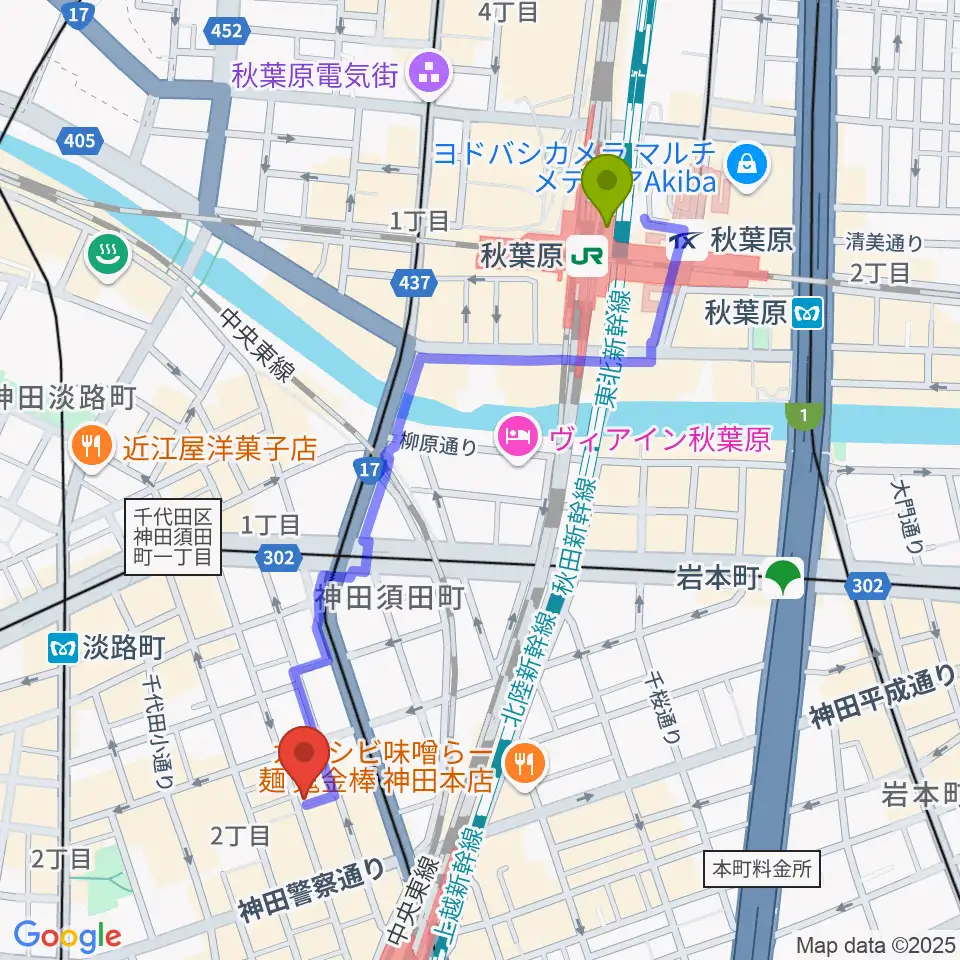 秋葉原駅から神田Jazz spot Step!へのルートマップ地図