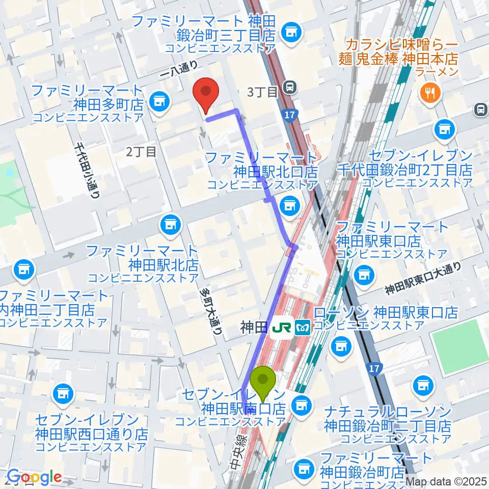 神田Jazz spot Step!の最寄駅神田駅からの徒歩ルート（約5分）地図