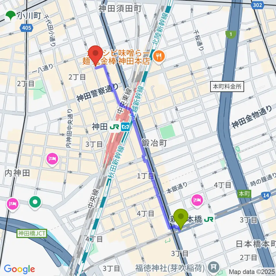 新日本橋駅から神田Jazz spot Step!へのルートマップ地図