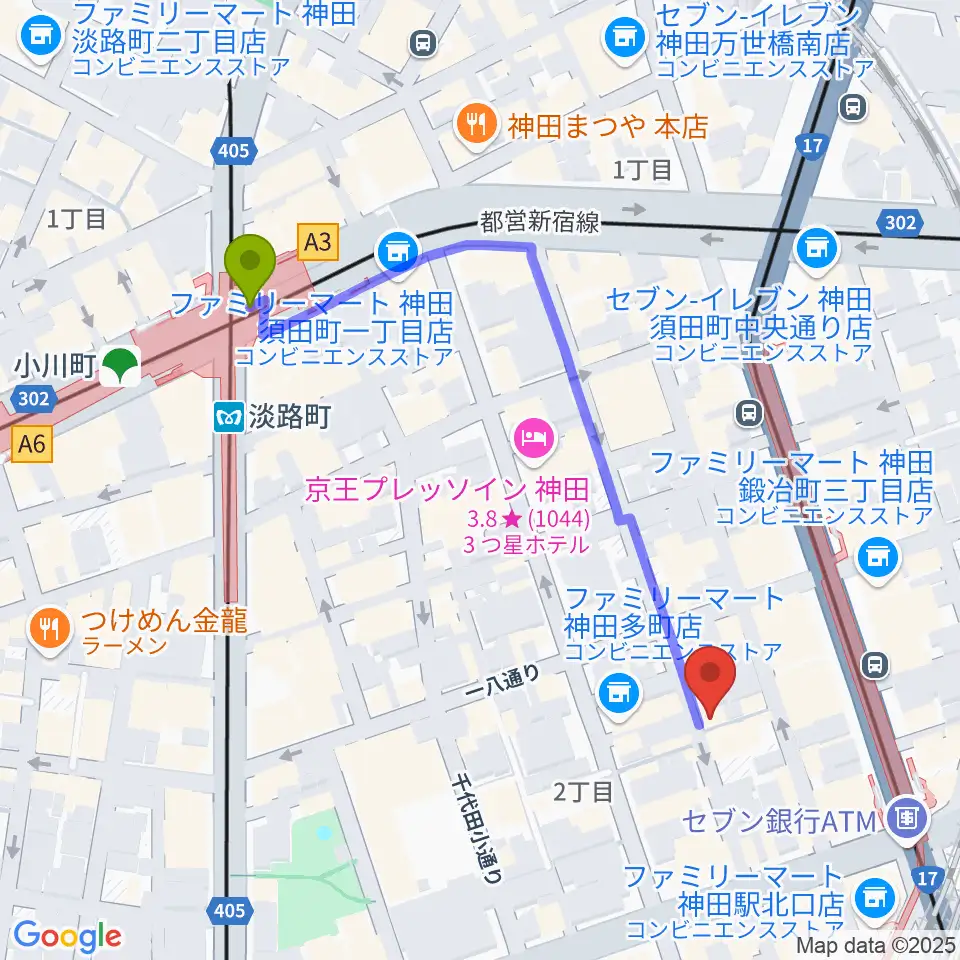 淡路町駅から神田Jazz spot Step!へのルートマップ地図