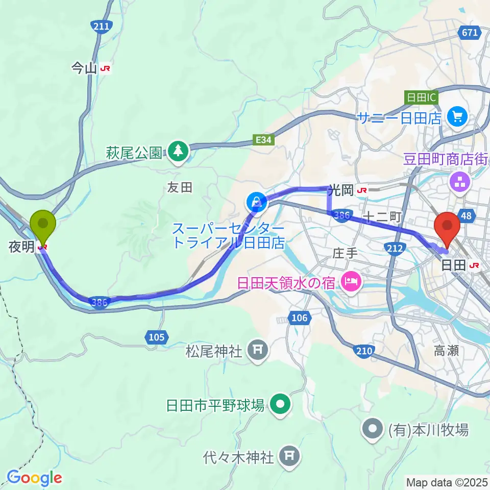 夜明駅から日田市民文化会館 パトリア日田へのルートマップ地図
