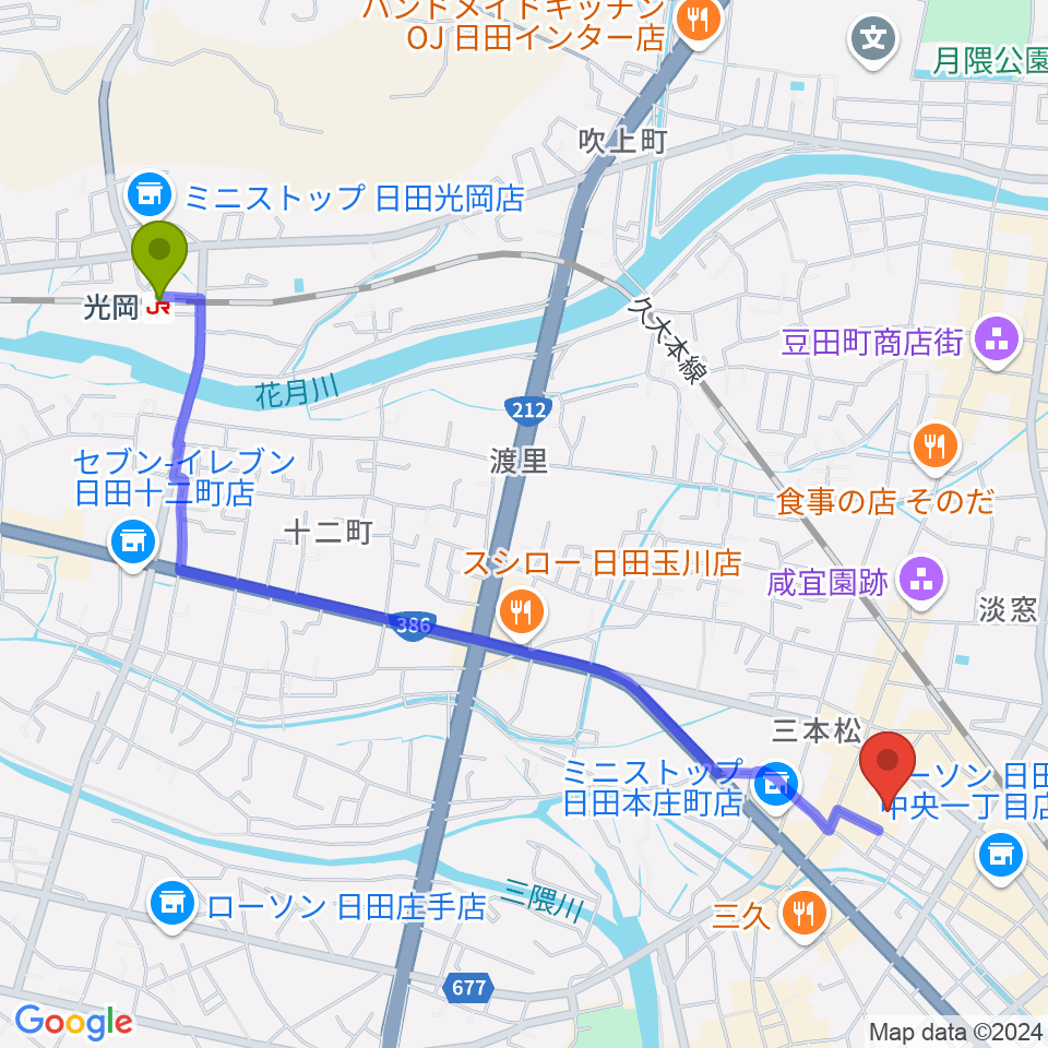 光岡駅から日田市民文化会館 パトリア日田へのルートマップ地図