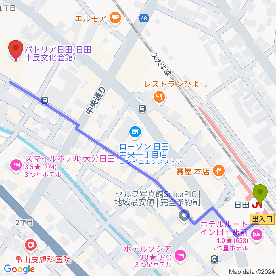 日田市民文化会館 パトリア日田の最寄駅日田駅からの徒歩ルート（約8分）地図