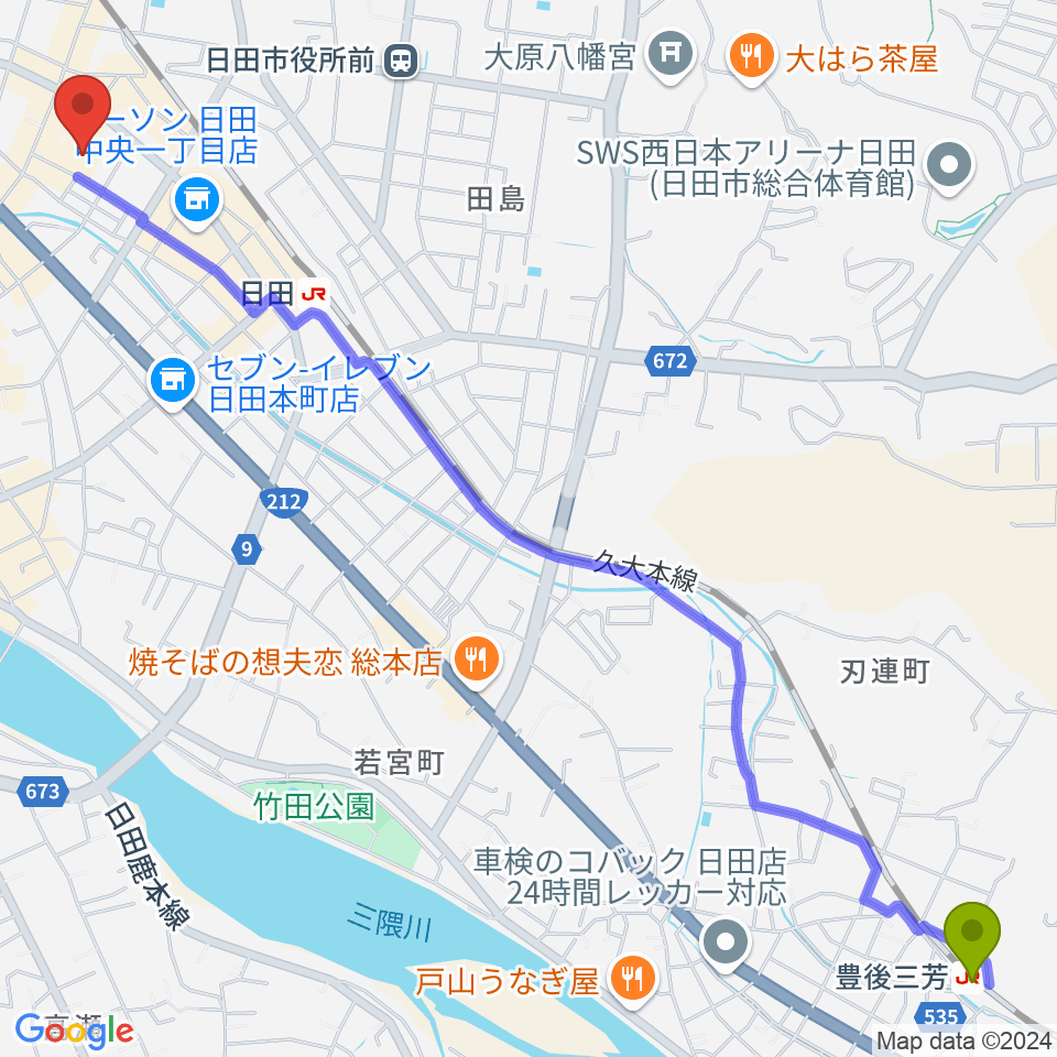 豊後三芳駅から日田市民文化会館 パトリア日田へのルートマップ地図