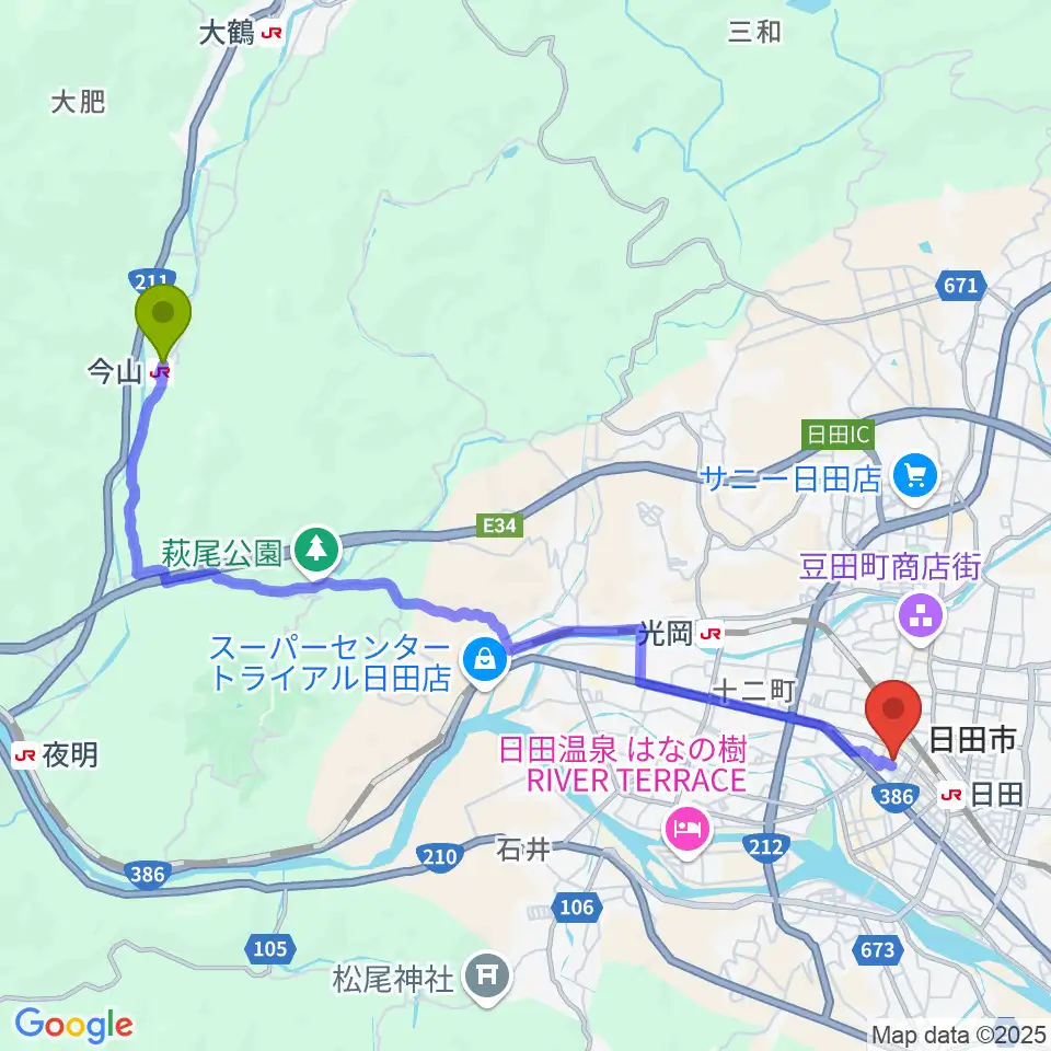 今山駅から日田市民文化会館 パトリア日田へのルートマップ地図