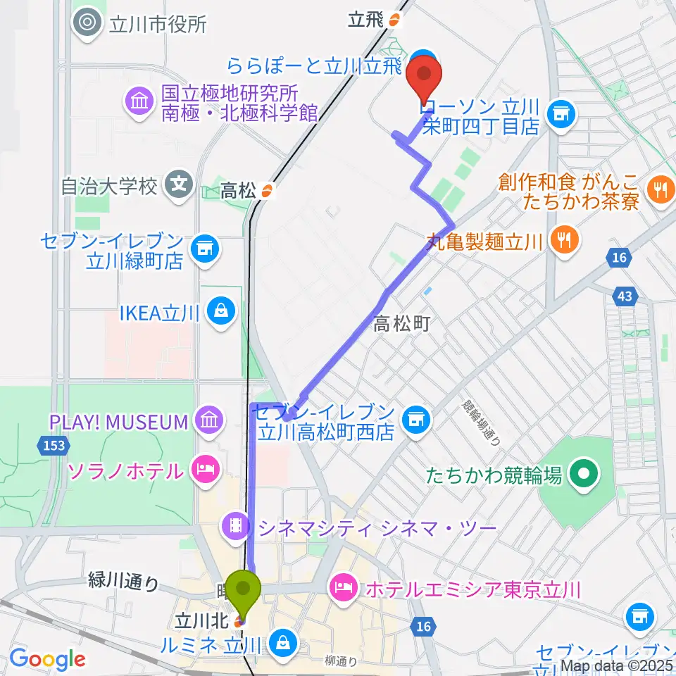 立川北駅からタワーレコードららぽーと立川立飛店へのルートマップ地図