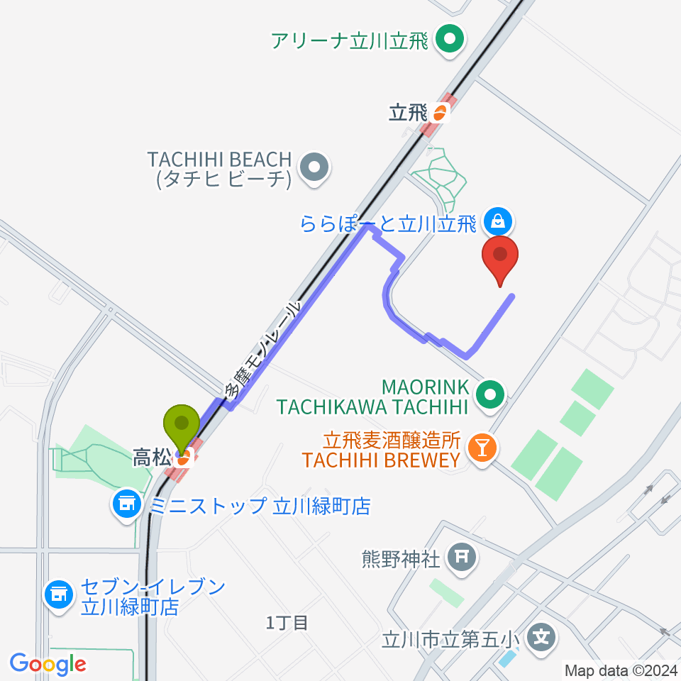 高松駅からタワーレコードららぽーと立川立飛店へのルートマップ地図