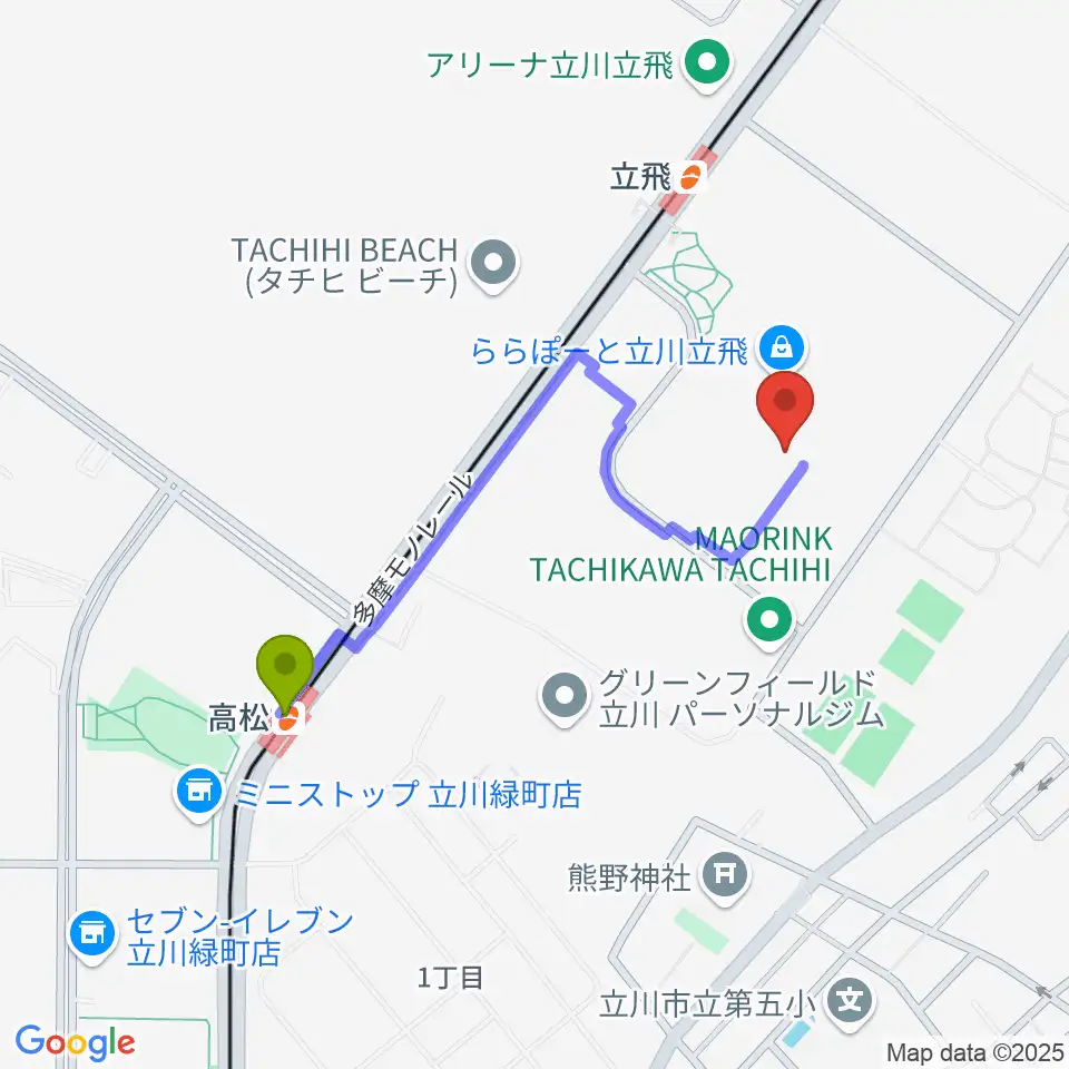 高松駅からタワーレコードららぽーと立川立飛店へのルートマップ地図