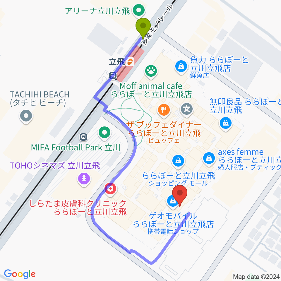 タワーレコードららぽーと立川立飛店の最寄駅立飛駅からの徒歩ルート（約5分）地図