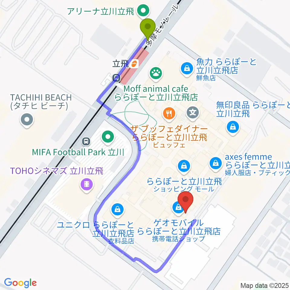 タワーレコードららぽーと立川立飛店の最寄駅立飛駅からの徒歩ルート（約5分）地図