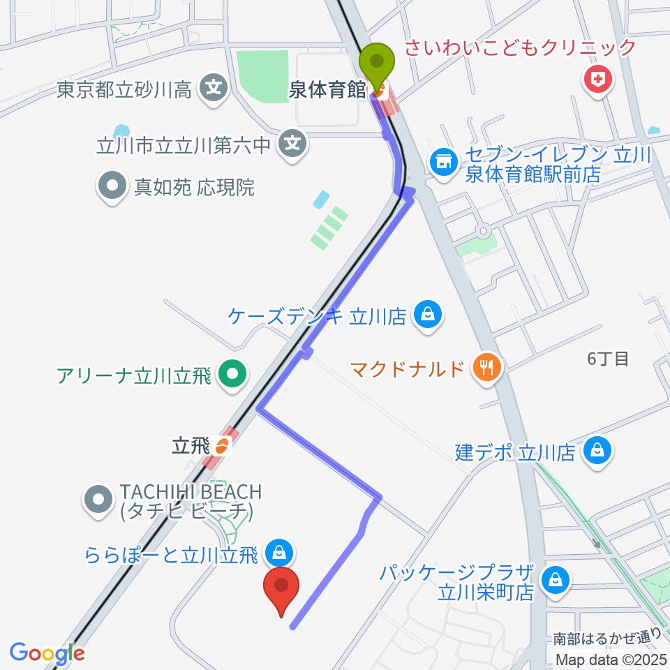 泉体育館駅からタワーレコードららぽーと立川立飛店へのルートマップ地図