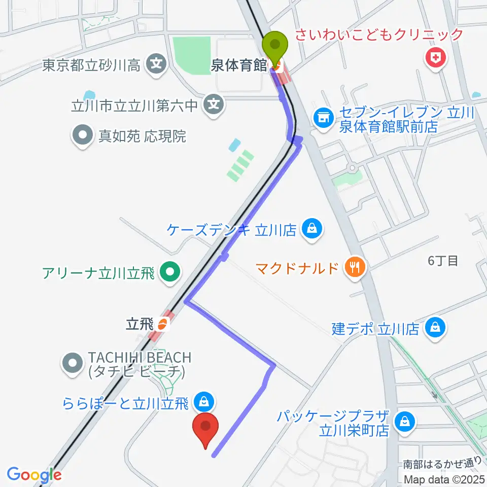 泉体育館駅からタワーレコードららぽーと立川立飛店へのルートマップ地図