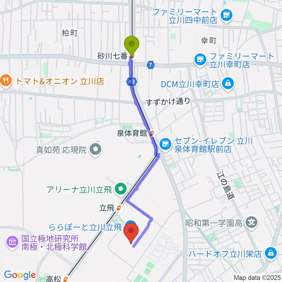 砂川七番駅からタワーレコードららぽーと立川立飛店へのルートマップ地図