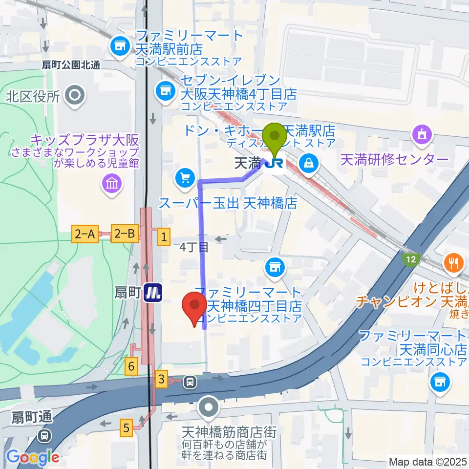 扇町para-diceの最寄駅天満駅からの徒歩ルート（約3分）地図