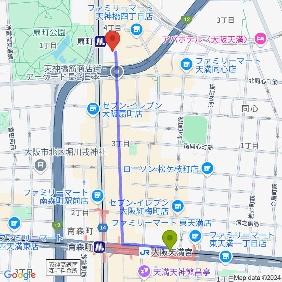 大阪天満宮駅から扇町para-diceへのルートマップ地図