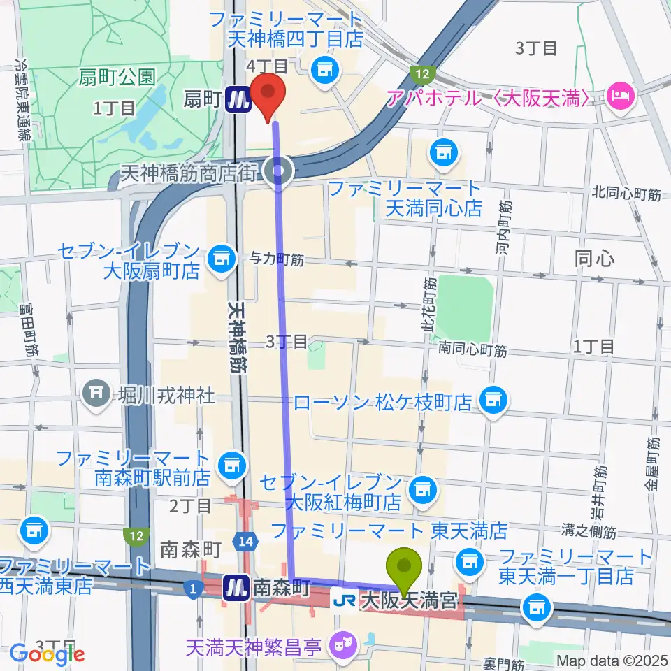大阪天満宮駅から扇町para-diceへのルートマップ地図