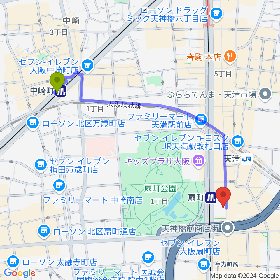 中崎町駅から扇町para-diceへのルートマップ地図