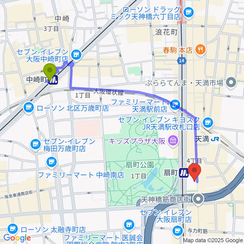中崎町駅から扇町para-diceへのルートマップ地図