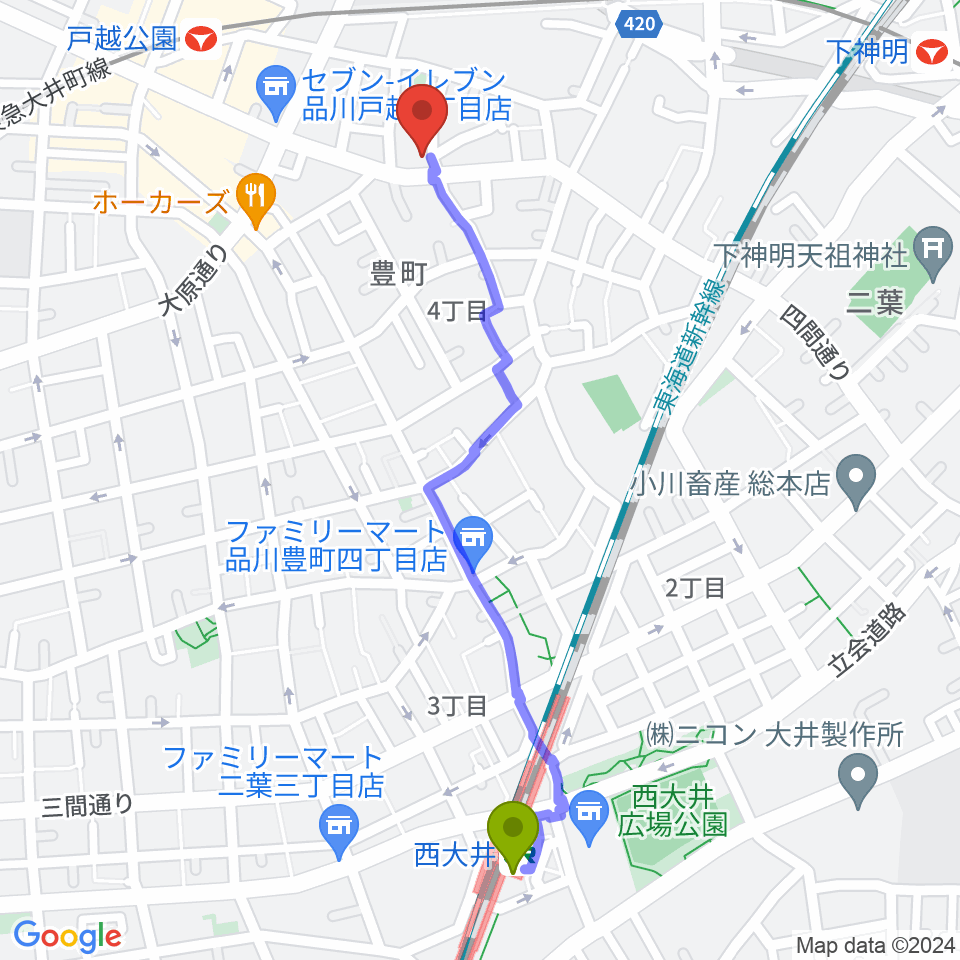 西大井駅からCrunch Studioへのルートマップ地図