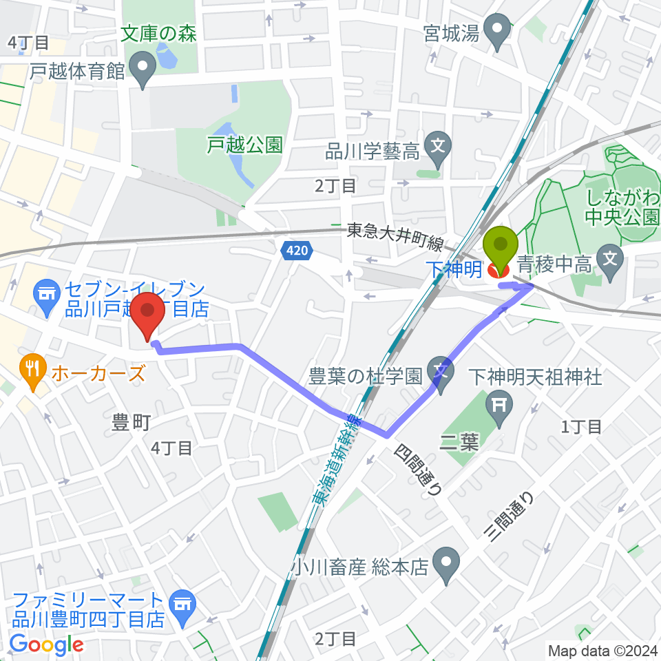 下神明駅からCrunch Studioへのルートマップ地図