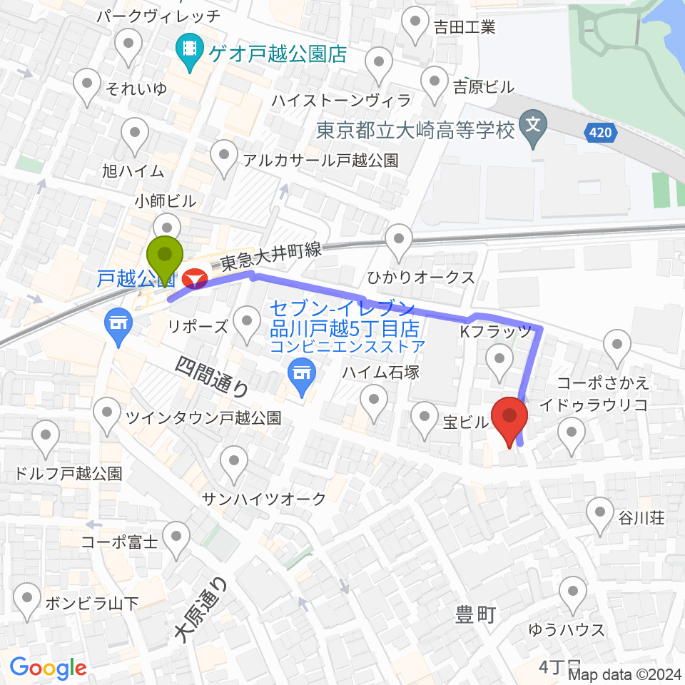 Crunch Studioの最寄駅戸越公園駅からの徒歩ルート（約4分）地図