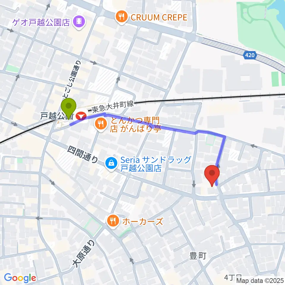Crunch Studioの最寄駅戸越公園駅からの徒歩ルート（約4分）地図