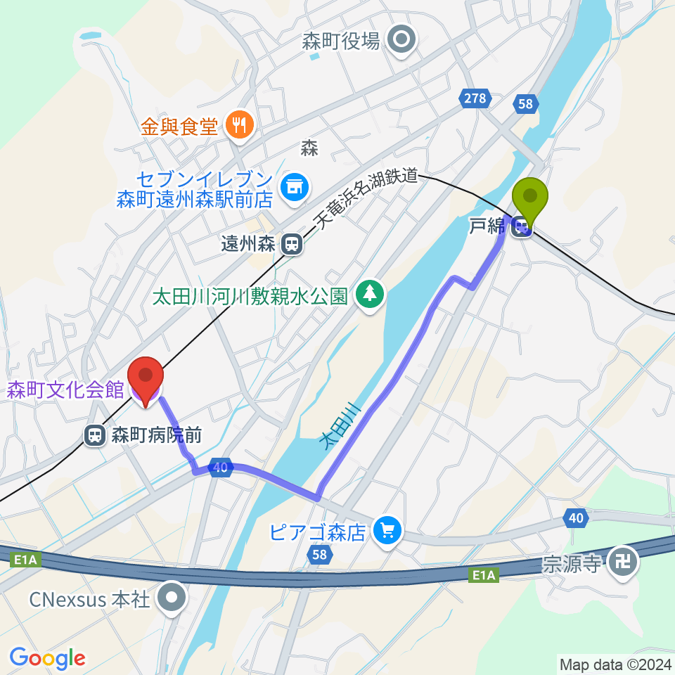 戸綿駅から森町文化会館ミキホールへのルートマップ地図