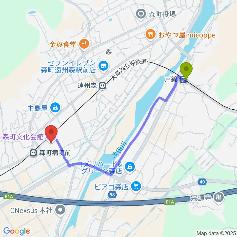 戸綿駅から森町文化会館ミキホールへのルートマップ地図