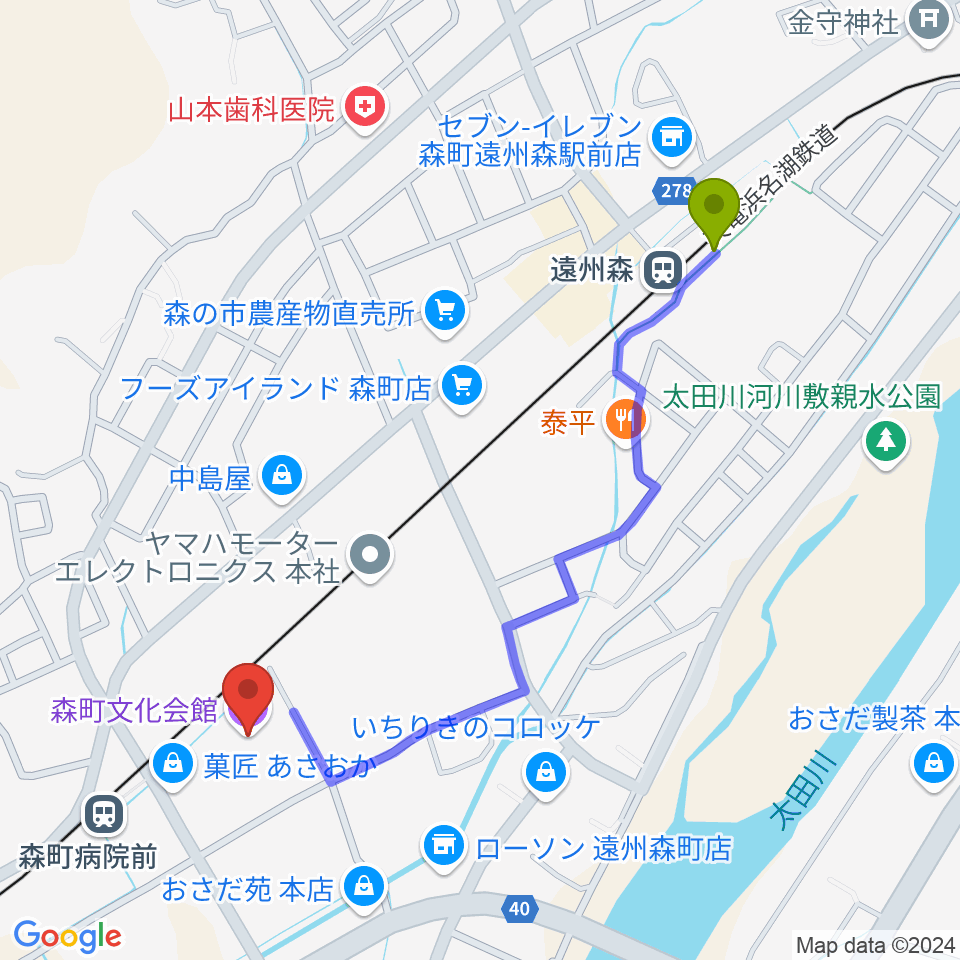 遠州森駅から森町文化会館ミキホールへのルートマップ地図