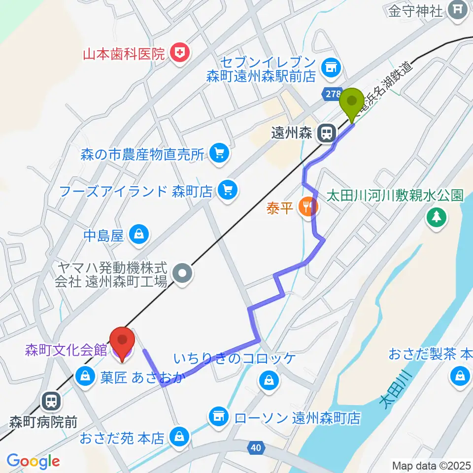 遠州森駅から森町文化会館ミキホールへのルートマップ地図