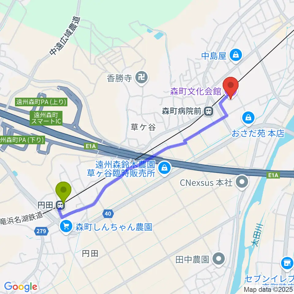 円田駅から森町文化会館ミキホールへのルートマップ地図