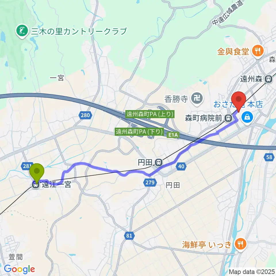 遠江一宮駅から森町文化会館ミキホールへのルートマップ地図