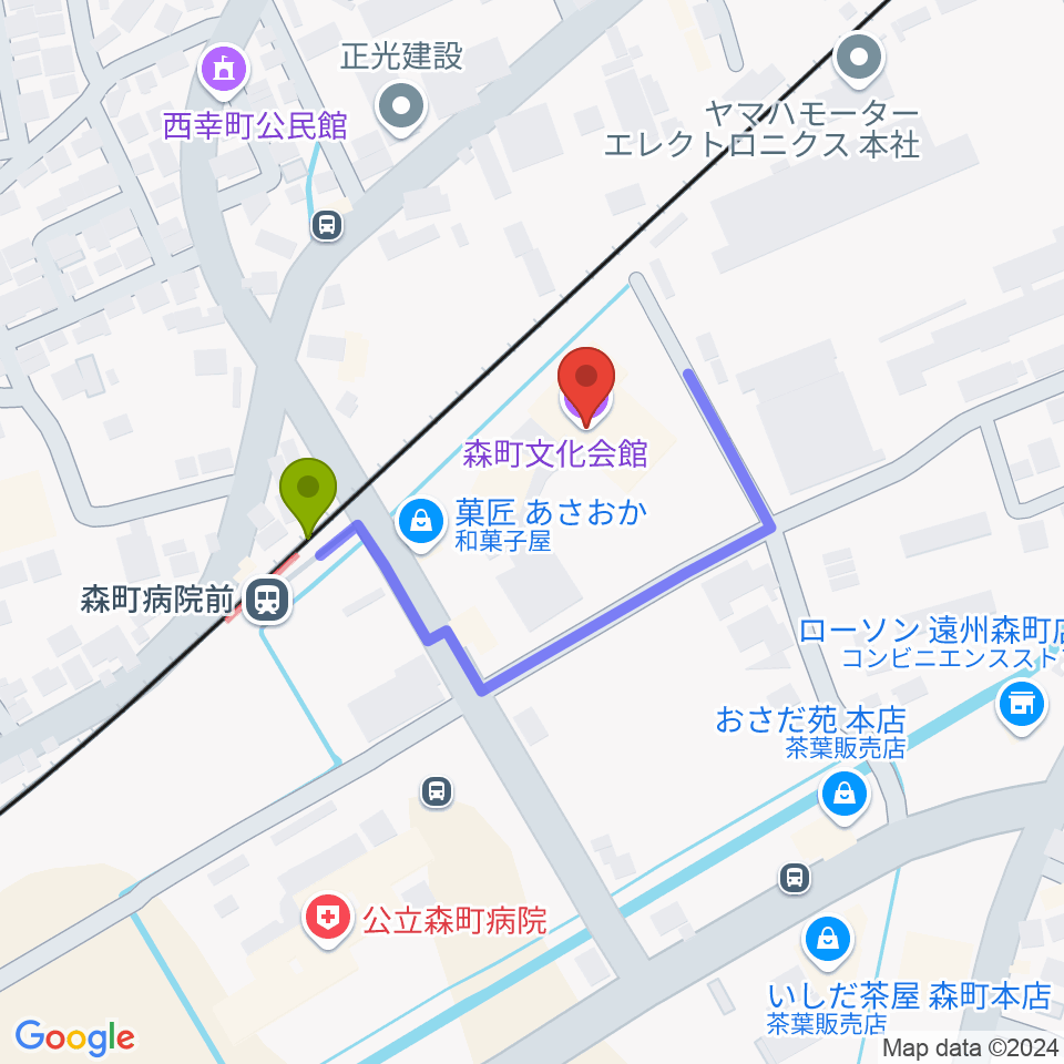 森町文化会館ミキホールの最寄駅森町病院前駅からの徒歩ルート（約2分）地図