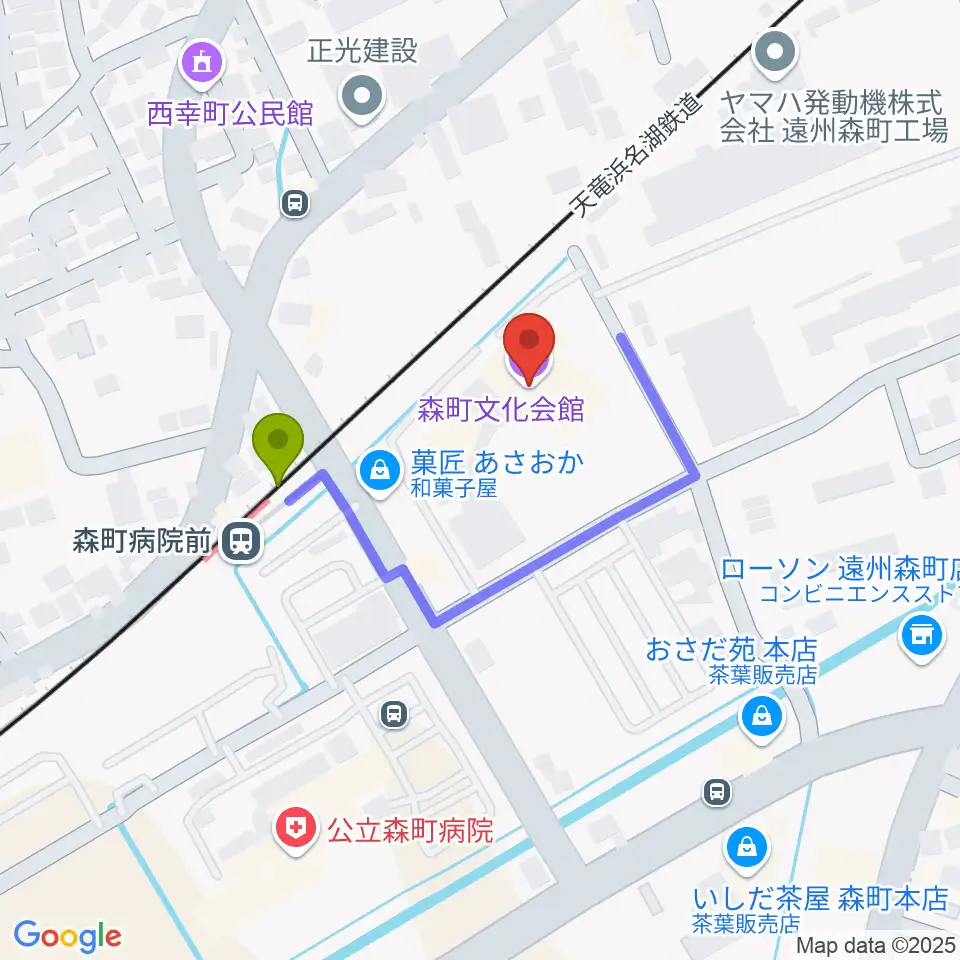 森町文化会館ミキホールの最寄駅森町病院前駅からの徒歩ルート（約2分）地図